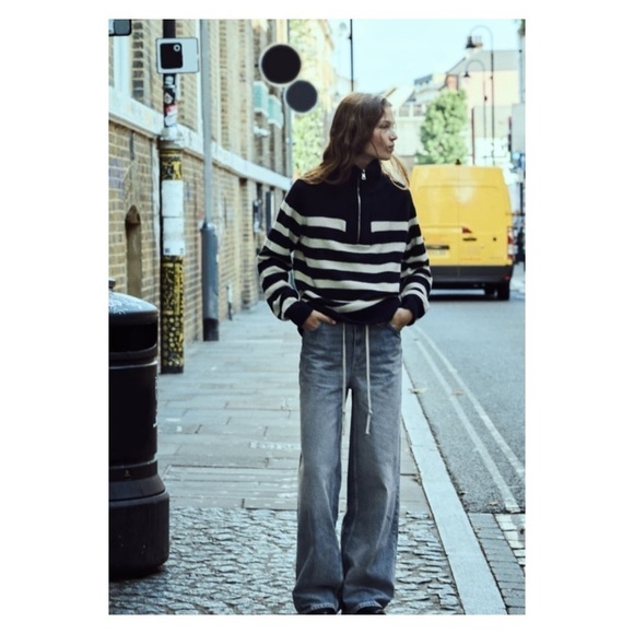 ZARA Navy Blue White Striped 1/4 Zip Oversized Knit Sweater Size XL - Picture 2 of 8